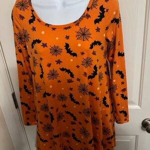 Womens Orange Halloween Webs Bats Long Sleeve Dress VIBE Sportswear Small NWT